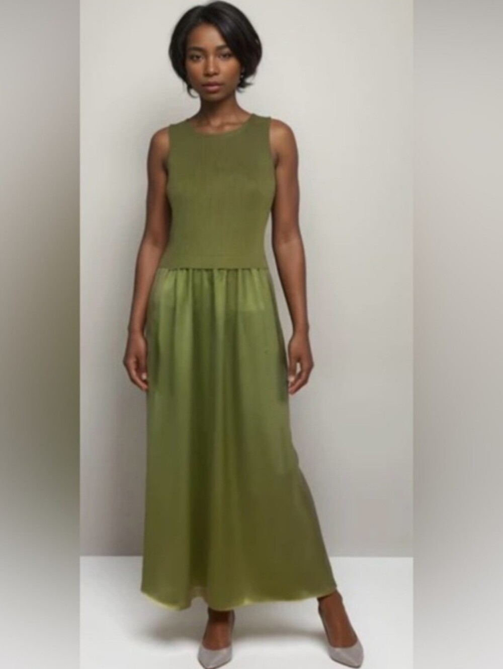 Taylor Olive Moss Green Mixed Media Maxi Dress XL Satin Skirt Ribbed Bodice